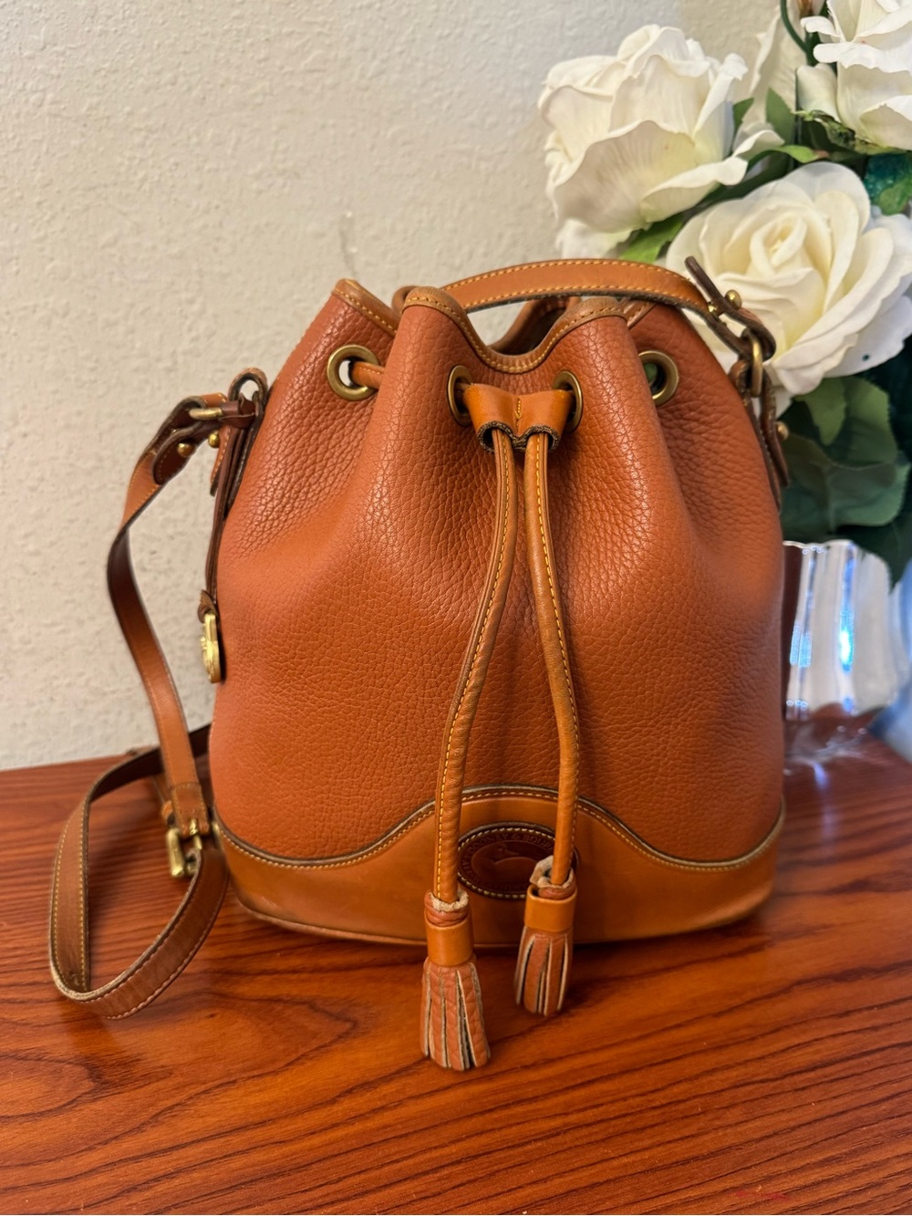 Vintage Dooney & Bourke Cognac Pebbled Leather Drawstring Bucket Bag
